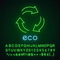 Eco label neon light icon. Three curved arrow signs. Recycle symbol. Alternative energy. Environmental protection sticker. Glowing sign with alphabet, numbers and symbols. Vector isolated illustration