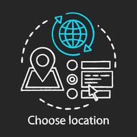 Choose location chalk icon. Planning travel destination. Route choosing. Pointer mark on navigation map. Device for searching location. Address indicator. Isolated vector chalkboard illustration