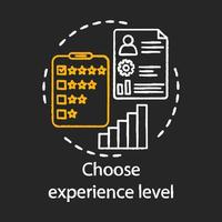 Choose experience level chalk icon. Five stars rating. Feedback, employee evaluation, cv, satisfaction level and critic. Levels of success. Job performance. Isolated vector chalkboard illustration