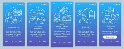 Summer part-time jobs blue onboarding mobile app page screen vector template. Cashier, caddy. Walkthrough website steps with linear illustrations. UX, UI, GUI smartphone interface concept