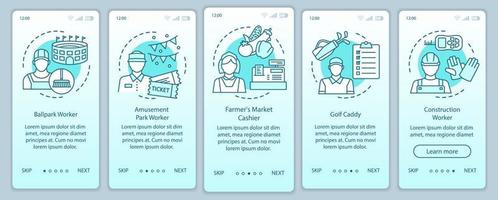 Summer part-time jobs turquoise onboarding mobile app page screen vector template. Cashier, caddy. Walkthrough website steps with linear illustrations. UX, UI, GUI smartphone interface concept