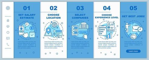 búsqueda de trabajos a tiempo parcial incorporación de plantillas vectoriales de páginas web móviles. idea de interfaz de sitio web de teléfono inteligente sensible con ilustraciones lineales. pantallas de pasos del tutorial de la página web. concepto de color vector