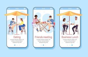 plantilla de vector de pantalla de aplicación móvil de incorporación de festival de comida callejera. visita a la cafetería de la ciudad de verano. paso a paso del sitio web con caracteres planos. ux, ui, concepto de interfaz de dibujos animados de teléfono inteligente gui