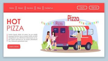 plantilla de vector de página de inicio de pizza caliente. idea de interfaz de sitio web de pizzería callejera con ilustraciones planas. diseño de la página de inicio del vehículo de comida rápida. banner web de coche de comida para llevar, concepto de dibujos animados de página web