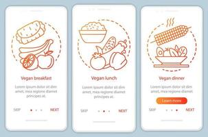 plantilla de vector de pantalla de página de aplicación móvil de incorporación de nutrición vegana. Pasos del sitio web vegetariano para el desayuno, el almuerzo y la cena con ilustraciones lineales. ux, ui, concepto de interfaz de teléfono inteligente gui