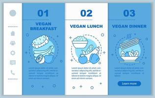 Vegan menu onboarding mobile web pages vector template. Responsive smartphone website interface idea with linear illustrations. Webpage walkthrough step screens. Vegetarian nutrition color concept