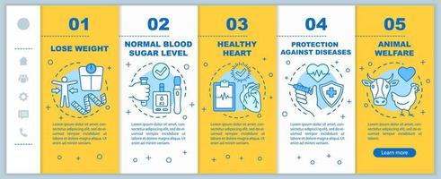 los beneficios del estilo de vida vegano incorporan la plantilla vectorial de páginas web móviles. idea de interfaz de sitio web de teléfono inteligente sensible con ilustraciones lineales. pantallas de pasos del tutorial de la página web. concepto de color.. vector