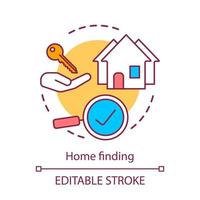 Home finding concept icon. Relocating services, new dwelling place choice idea thin line illustration. Purchasing house, renting apartment. Vector isolated outline drawing. Editable stroke..