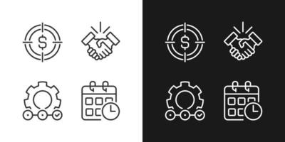 Iconos lineales perfectos de píxeles de inicio de negocios exitosos establecidos para el modo oscuro y claro. símbolos de línea delgada para el tema de la noche y el día. ilustraciones aisladas. trazo editable. vector