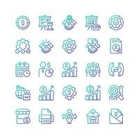 Business management gradient linear vector icons set. Marketing and sales. Corporate finance. Company growth. Thin line contour symbol designs bundle. Isolated outline illustrations collection