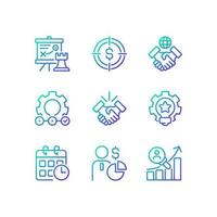 Business activities gradient linear vector icons set. Strategic management. Investment target. Deal making. Thin line contour symbol designs bundle. Isolated outline illustrations collection