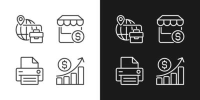 Iconos lineales perfectos de píxeles de desarrollo empresarial establecidos para el modo oscuro y claro. comercio electrónico símbolos de línea delgada para el tema de la noche y el día. ilustraciones aisladas. trazo editable. vector