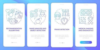 Use of machine learning blue gradient onboarding mobile app screen. Walkthrough 4 steps graphic instructions pages with linear concepts. UI, UX, GUI template. vector