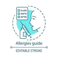 Allergies guide concept icon. Allergic disease information. Vaccination, immunization idea thin line illustration. Allergy causes, symptoms, treatment. Vector isolated outline drawing. Editable stroke