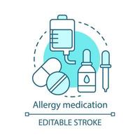 icono del concepto de medicamento para la alergia. ilustración de línea delgada de idea de uso de medicamentos antihistamínicos. aliviar los síntomas de la alergia. tratamiento con pastillas y gotas. dibujo de contorno aislado vectorial. trazo editable vector