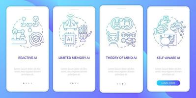 Artificial intelligence types blue gradient onboarding mobile app screen. Walkthrough 4 steps graphic instructions pages with linear concepts. UI, UX, GUI template. vector