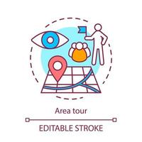 Area tour concept icon. Tourism, visiting sights, landmarks idea thin line illustration. Guide leading tourists group, showing attractions. Vector isolated outline drawing. Editable stroke