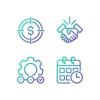 Successful business startup gradient linear vector icons set. Financial goal. Supply chain. Events calendar. Thin line contour symbol designs bundle. Isolated outline illustrations collection