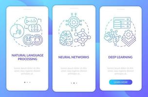 Fields of machine learning blue gradient onboarding mobile app screen. Walkthrough 3 steps graphic instructions pages with linear concepts. UI, UX, GUI template. vector