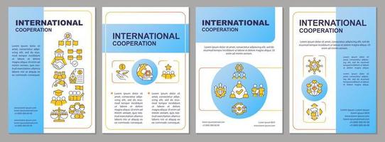 plantilla de folleto azul de cooperación global. relaciones mundiales. diseño de folletos con iconos lineales. 4 diseños vectoriales para presentación, informes anuales. vector