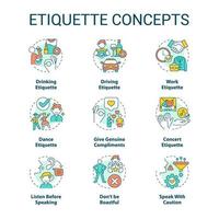 Etiquette concept icons set. Set of rules and norms. Ethical behavior. Politeness idea thin line color illustrations. Isolated symbols. Editable stroke. vector