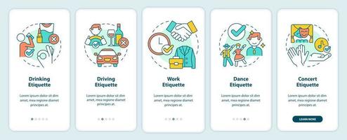 Types of etiquette onboarding mobile app screen. Set of rules walkthrough 5 steps graphic instructions pages with linear concepts. UI, UX, GUI template. vector