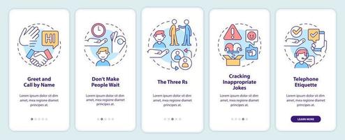 Business etiquette onboarding mobile app screen. Set of rules walkthrough 5 steps graphic instructions pages with linear concepts. UI, UX, GUI template. vector