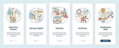 Restaurant etiquette onboarding mobile app screen. Table manners walkthrough 5 steps graphic instructions pages with linear concepts. UI, UX, GUI template. vector