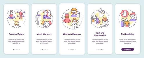 Social etiquette onboarding mobile app screen. Rules of behavior walkthrough 5 steps graphic instructions pages with linear concepts. UI, UX, GUI template. vector