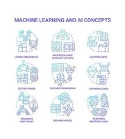 Machine learning and AI blue gradient concept icons set. Artificial intelligence advantages idea thin line color illustrations. Isolated symbols. vector