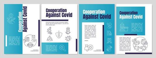 Partnership against covid blue brochure template. Global medicine. Leaflet design with linear icons. 4 vector layouts for presentation, annual reports.