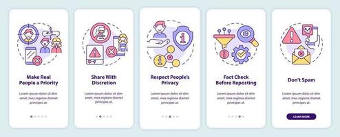 Netiquette rules onboarding mobile app screen. Online interaction walkthrough 5 steps graphic instructions pages with linear concepts. UI, UX, GUI template. vector