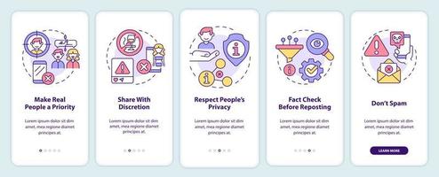 reglas de netiqueta que incorporan la pantalla de la aplicación móvil. Tutorial de interacción en línea Páginas de instrucciones gráficas de 5 pasos con conceptos lineales. interfaz de usuario, ux, plantilla de interfaz gráfica de usuario. vector