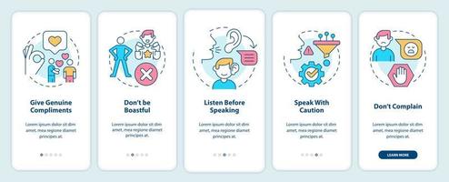 Basic etiquette rules onboarding mobile app screen. Set of norms walkthrough 5 steps graphic instructions pages with linear concepts. UI, UX, GUI template. vector