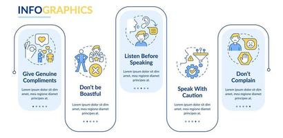 Basic etiquette rules blue rectangle infographic template. Set of norms. Data visualization with 5 steps. Process timeline info chart. Workflow layout with line icons. vector