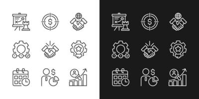 Business activities pixel perfect linear icons set for dark, light mode. Thin line symbols for night, day theme. Isolated illustrations. Editable stroke. vector