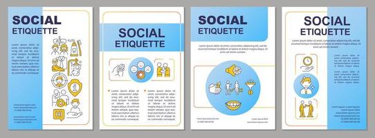 Social etiquette blue brochure template. Norms and rules. Leaflet design with linear icons. 4 vector layouts for presentation, annual reports.