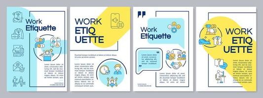 Work etiquette yellow and blue brochure template. Workplace ethical code. Leaflet design with linear icons. 4 vector layouts for presentation, annual reports.