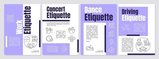 Etiquette types purple brochure template. Ethical code. Rules and norms. Leaflet design with linear icons. 4 vector layouts for presentation, annual reports.