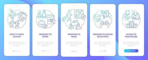 Refugee rights blue gradient onboarding mobile app screen. Help migrants walkthrough 5 steps graphic instructions pages with linear concepts. UI, UX, GUI template. vector