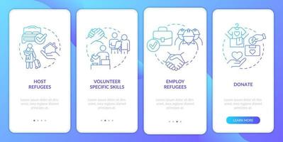 apoyando a los refugiados en la pantalla de la aplicación móvil de incorporación de gradiente azul. tutorial 4 pasos páginas de instrucciones gráficas con conceptos lineales. interfaz de usuario, ux, plantilla de interfaz gráfica de usuario. vector
