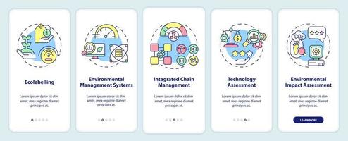 herramientas de ecología industrial que incorporan la pantalla de la aplicación móvil. tutorial de entorno 5 pasos páginas de instrucciones gráficas con conceptos lineales. interfaz de usuario, ux, plantilla de interfaz gráfica de usuario. vector