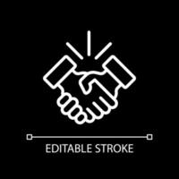 Handshake pixel perfect white linear icon for dark theme. Business etiquette. Shaking hands. Company meeting. Thin line illustration. Isolated symbol for night mode. Editable stroke.
