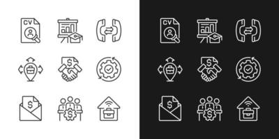 Iconos lineales perfectos de píxeles de coordinación empresarial establecidos para el modo oscuro y claro. símbolos de línea delgada para el tema de la noche y el día. ilustraciones aisladas. trazo editable. vector