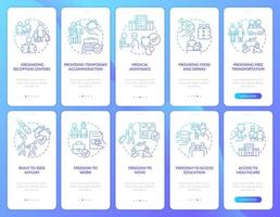 Helping refugees blue gradient onboarding mobile app screen set. Walkthrough 5 steps graphic instructions pages with linear concepts. UI, UX, GUI template. vector