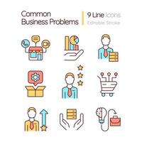 Common business problems RGB color icons set. Commerce management. Customer loyalty. Isolated vector illustrations. Simple filled line drawings collection. Editable stroke.