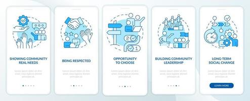 Participation reasons blue onboarding mobile app screen. Social planning walkthrough 5 steps graphic instructions pages with linear concepts. UI, UX, GUI template. vector