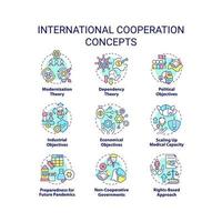 conjunto de iconos de concepto de cooperación internacional. integración global para la idea de desarrollo ilustraciones en color de línea delgada. símbolos aislados. trazo editable. vector