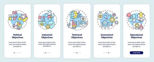 International cooperation objectives onboarding mobile app screen. Goals walkthrough 5 steps graphic instructions pages with linear concepts. UI, UX, GUI template. vector