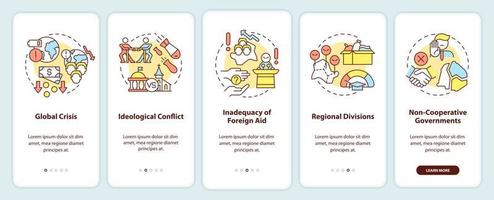 Lack of international cooperation problems onboarding mobile app screen. Walkthrough 5 steps graphic instructions pages with linear concepts. UI, UX, GUI template. vector